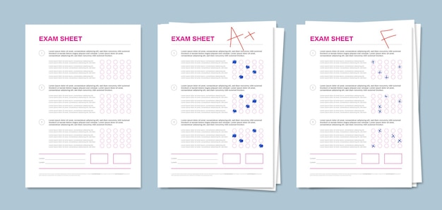 Free Vector exam sheets template 3 realistic test pages piles with multiple choice answers samples