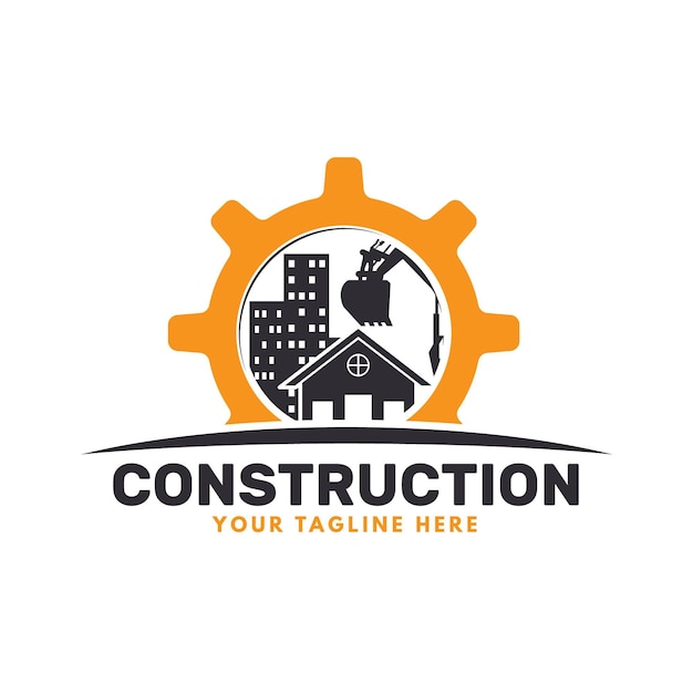 Excavator and construction logo with buildings