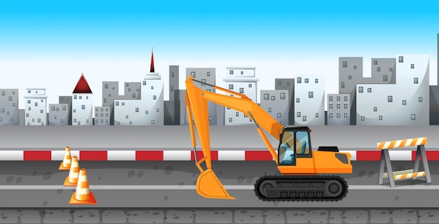 Excavator working at the road construction