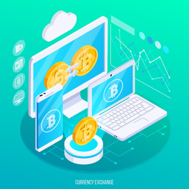 Exchange of virtual currency to real money isometric composition with electronic devices and charts