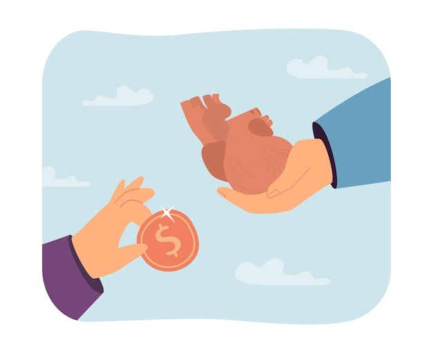 Free Vector exchanging human heart for money flat vector illustration. buying internal human organs for transplantation. medicine, health, business concept for banner, website design or landing web page