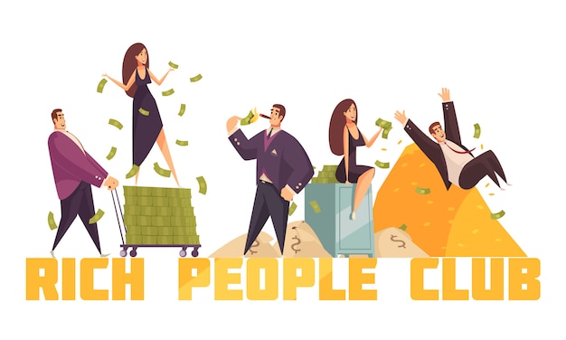 Free vector exclusive rich people celebrities club header with millionaire sliding from money heap horizontal composition cartoon