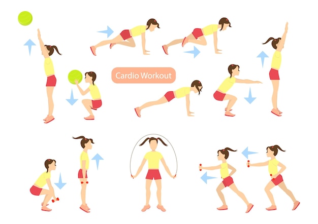 Exercises for kids set Workout for girls Cardio exercises with weights jumping rope and ball Healthy lifestyle for children