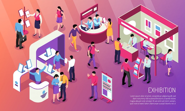 Exhibition horizontal illustration with visitors  looking at advertised product and consultant characters at expo stands isometric