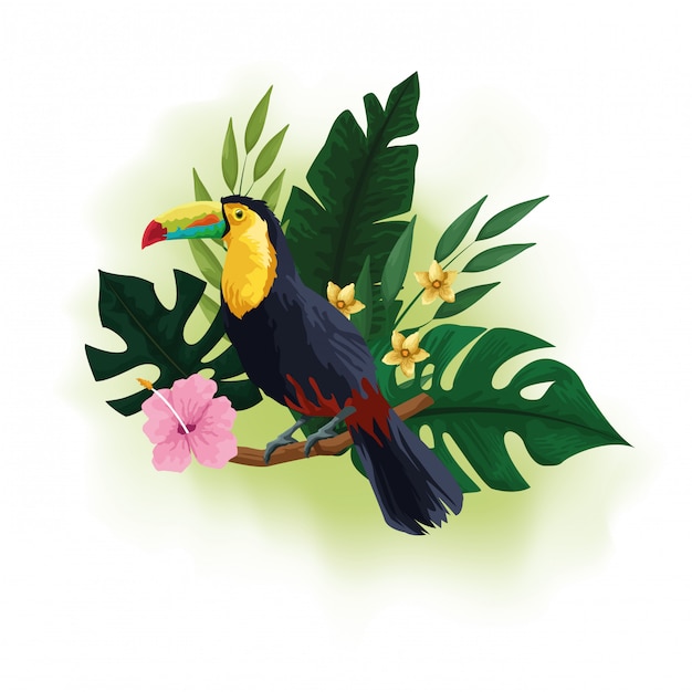 Free vector exotic bird and tropical flowers drawing