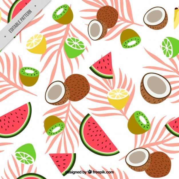 Exotic fruits pattern with palm leaves