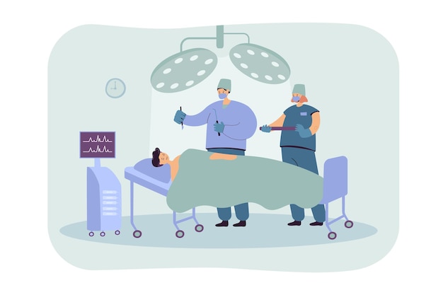 Experienced surgeons team treating patient on operation table flat illustration. Cartoon medical workers working in operation room