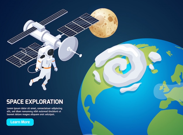 Free Vector exploration isometric with text learn more button and images of spacewalking astronaut and satellite vector illustration