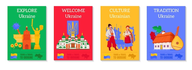 Free vector explore ukraine flat poster set depicting traditions culture and landmarks isolated vector illustration