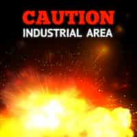 Free vector explosion background with realistic fire and caution industrial area text