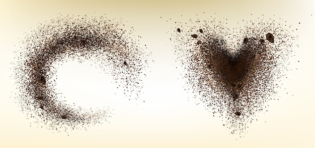 Free Vector explosion of coffee bean and powder in shape of heart and circle.