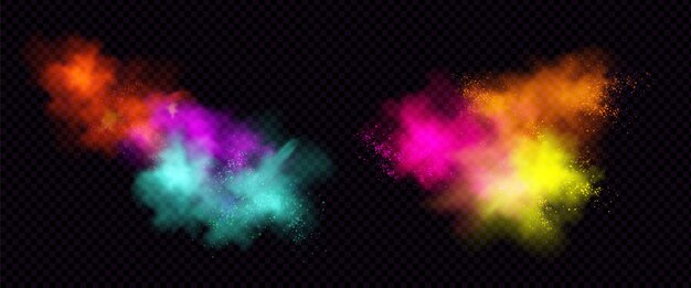 Explosions of color powder or dust with particles.