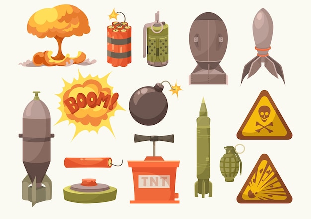 Free Vector explosive lethal weapon cartoon illustration set. bomb, mine, tnt, hand grenade, missile, dynamite pack, firecracker, danger sign with skull. military equipment, army, war, threat concept