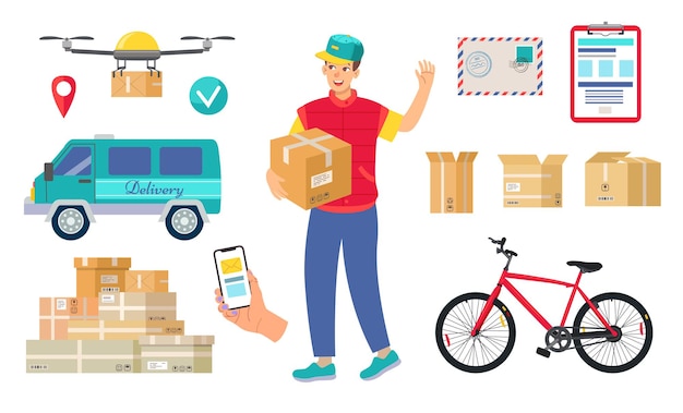 Free Vector express delivery service objects illustrations set. courier cartoon character and drone delivering parcel, bicycle and van isolated on white