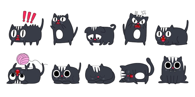 Expression of emotion concept set. Cat character in diffetent animal emotions.