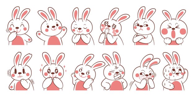 Expression of emotion concept set. Rabbit character in diffetent animal emotions