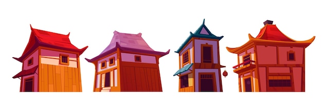 Free Vector exterior of chinese houses in cartoon vector illustration set various traditional oriental homes for city or village landscapes chinatown ancient buildings with typical roofs asian architecture