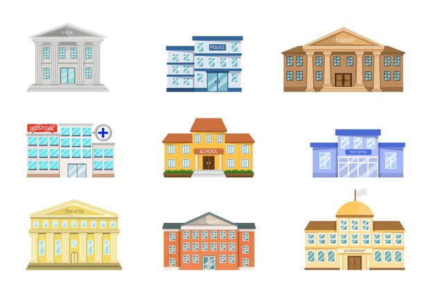 Exterior of museum, hospital, police station, post office, government, bank, school, theatre, university. City, town halls cartoon vector illustration set. House construction, building facade concept