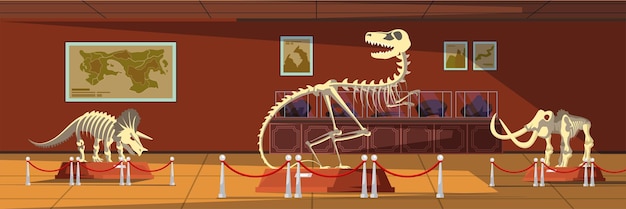 Extinct animals bones prehistoric wildlife Mammoth tyrannosaurus rex and triceratops skeletons paleontology museum showpieces ancient creatures remains exposition