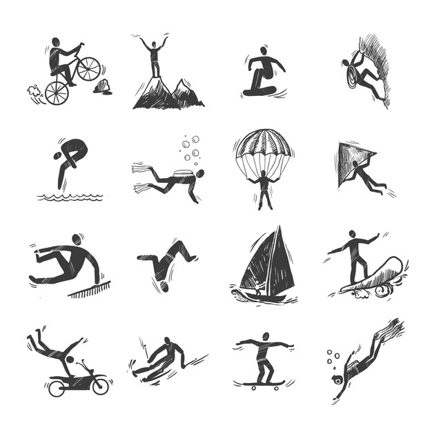 Extreme sports icons sketch of diving climbing sailing isolated doodle vector illustration