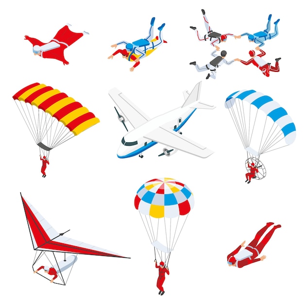 Free Vector extreme sports isometric set of sportsmen flying in sky space by paraglider parachute hang glider isolated vector illustration