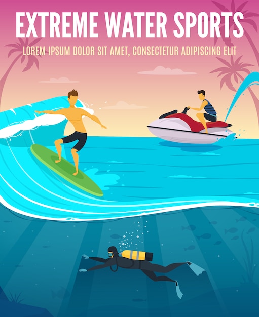 Free vector extreme water sports flat composition tropical vacation poster