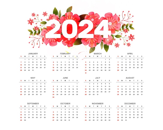 Free Vector eye catching 2024 event planner calendar template with floral decoration vector