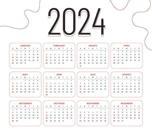 Free Vector eye catching 2024 monthly planner calendar template in fluid style vector