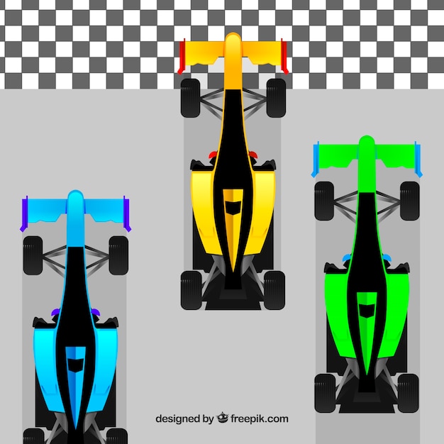 Free Vector f1 racing cars of different colors crossing finish line