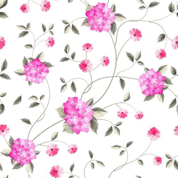 Fabric pattern. Seamless floral background. Shabby chic style patterns with blooming hydrangea. Vector illustration.