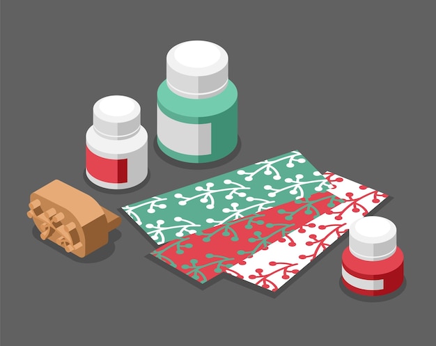 Free Vector fabric printing technologies isometric background with jars of paint and pieces of cloth with colored patterns vector illustration