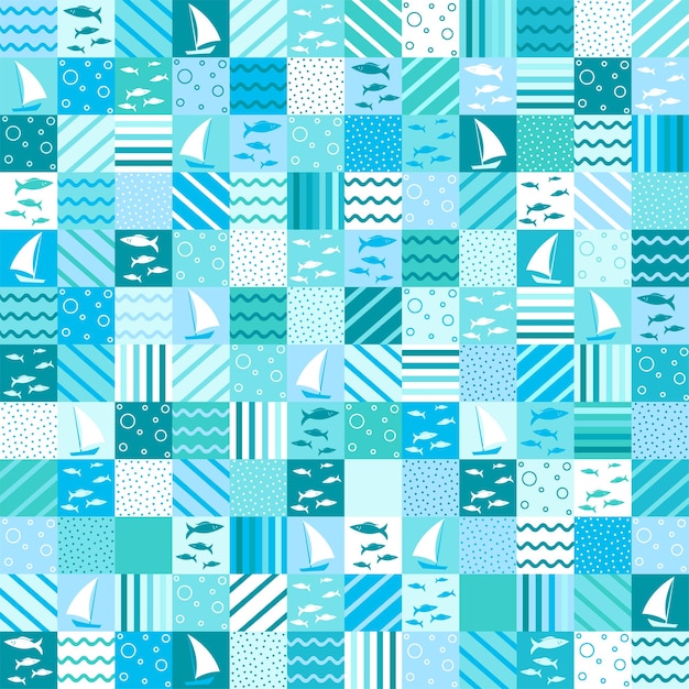 Fabric with fish and waves Nautical seamless pattern