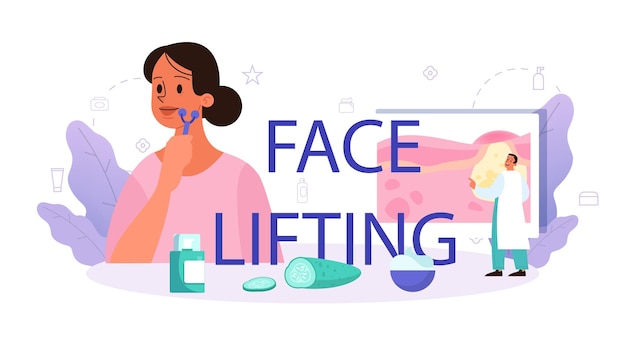 Face lifting typographic header skin care and treatment Cosmetologist treating skin Cosmetic procedure for problematic skin Beauty and plastic treatment Isolated vector illustration