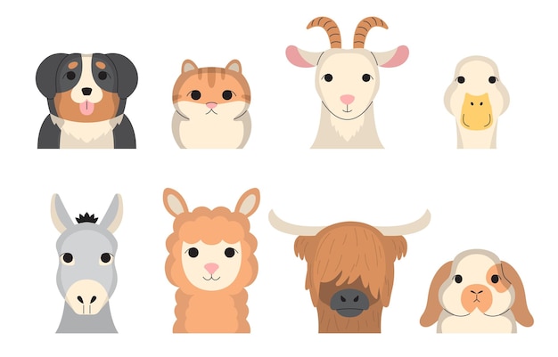 Face of various animal with dog cat goat sheep geese horse donkey and rabbit with Hand drawing in cartoon characters on white background Vector illustration