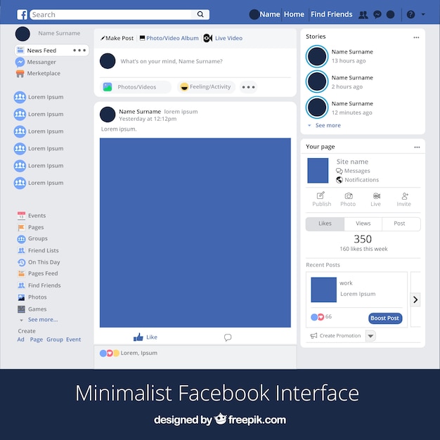 Facebook app interface with minimalist design