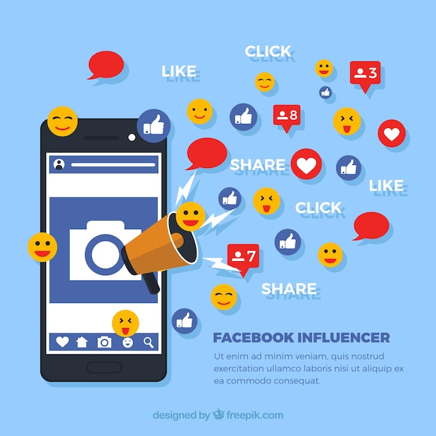 Facebook influencer background with decive and emoticons