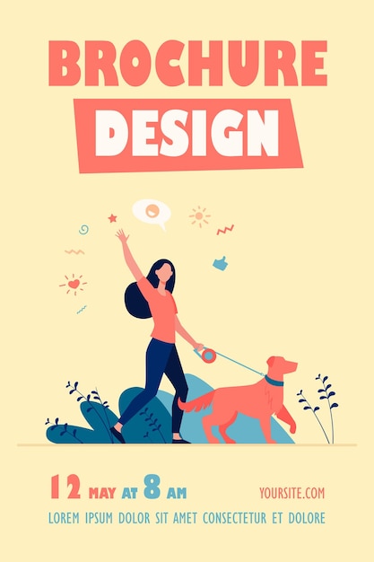 Free Vector faceless happy woman walking with dog in park isolated flyer template