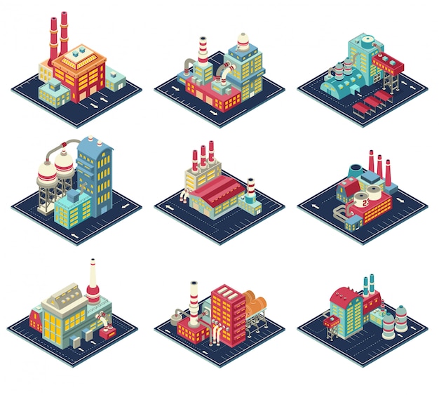 Free Vector factories isometric compositions set