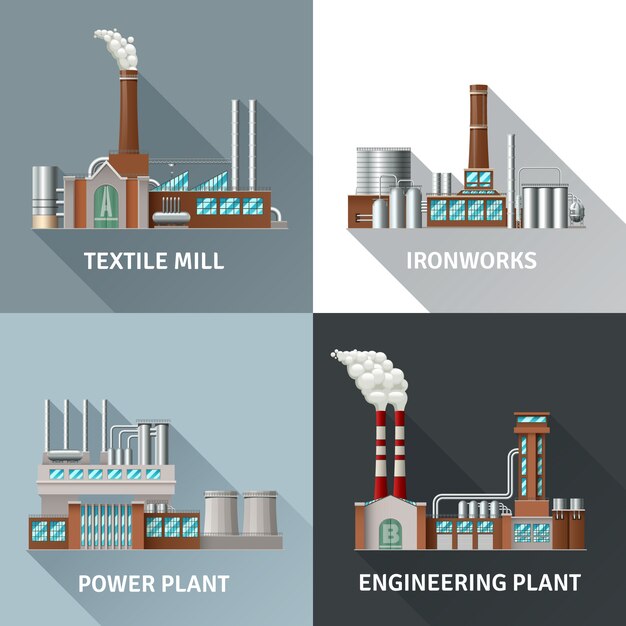 Factory building design realistic icons set 