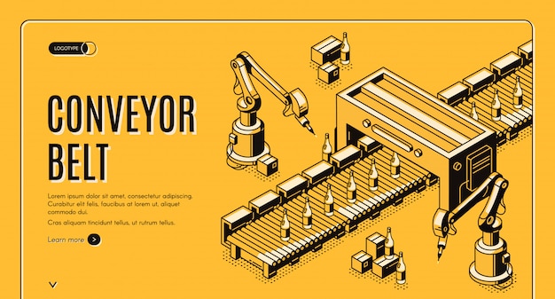 Free vector factory conveyor belt landing page. robotic arms.