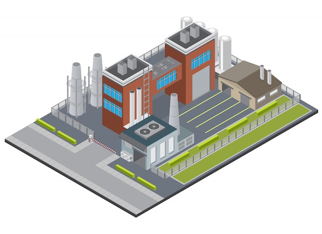 Free Vector factory infrastructure isometric  with entrance industrial buildings chimney garage on fencing territory 3d