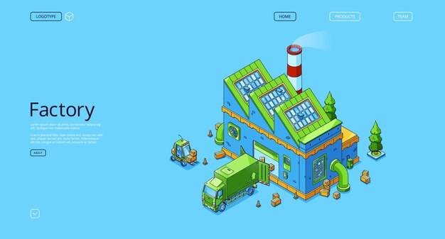 Factory isometric landing page, truck at plant