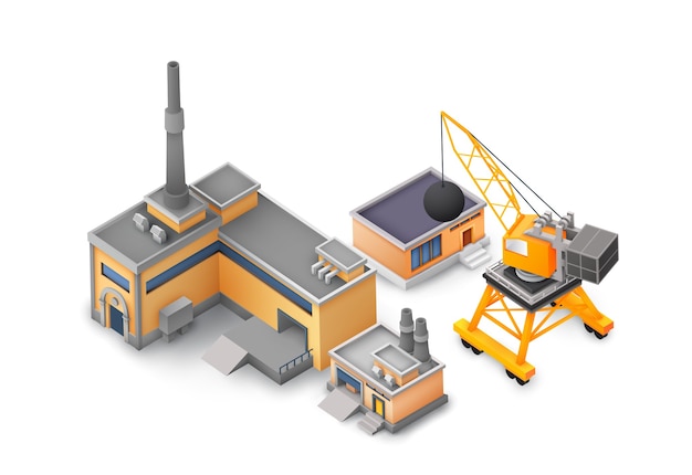 Factory objects design concept on white  with industrial constructions, yellow and grey buildings, machine and different tools concept