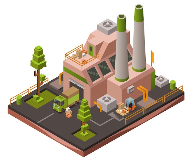 Free Vector factory plant isometric 3d or map industrial zone with loader forklift trucks 