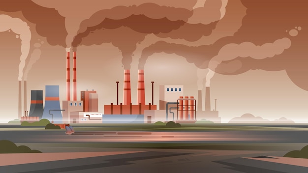 Factory pollution city air and water with smoke and toxic waste flat illustration