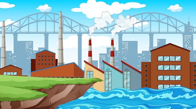 Free Vector factory on river background