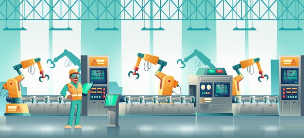 Free Vector factory robotized production line cartoon 