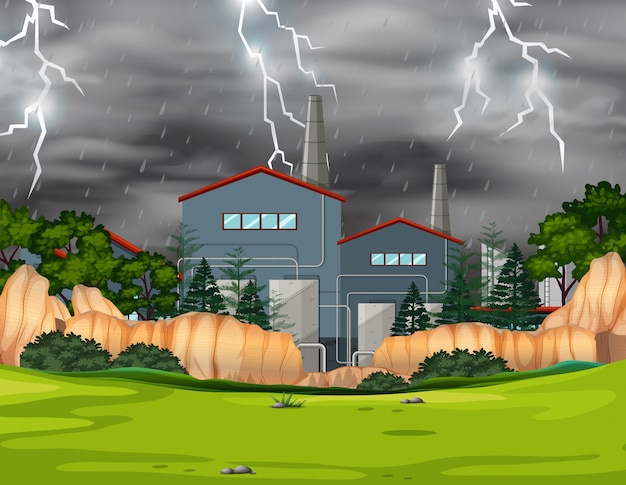 Factory in storm in a park