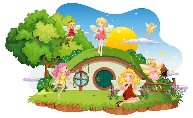 Fairies at hobbit house on white background