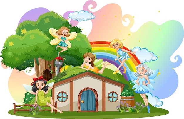 Fairies at hobbit house on white background